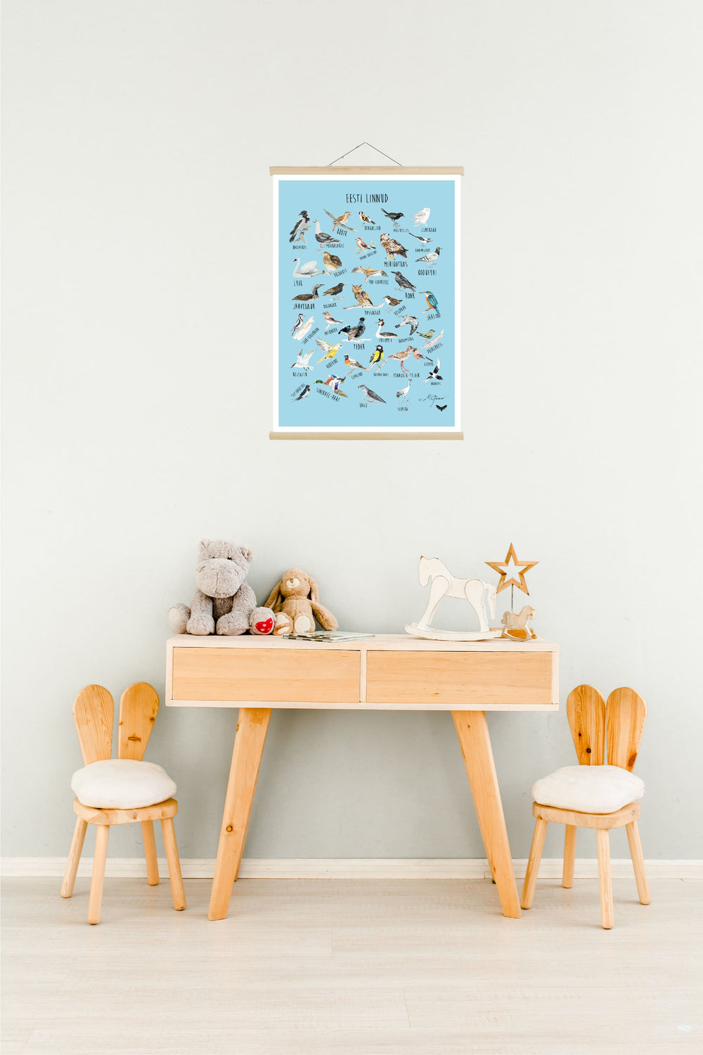 Plakat "Eesti linnud" Mari Ojasaare illustratsiooniga